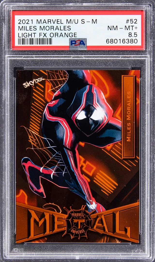2021 SkyBox Miles Morales Marvel Metal Universe Light FX Orange Spider-Man #52 card image