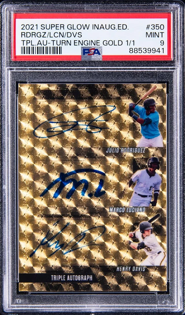 2021 Super Glow Inaugural Edition Triple Autograph Turn Engine Gold Rodriguez/Luciano/Davis Multi-Signed #350 card image