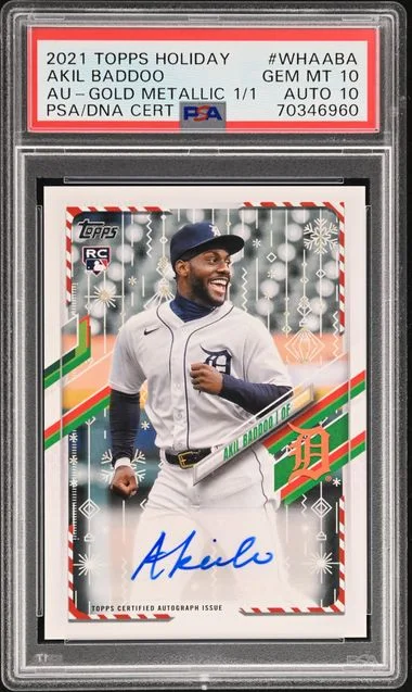 2021 Topps Akil Baddoo Holiday Autographs Gold Metallic 1/1 #WHAABA card image