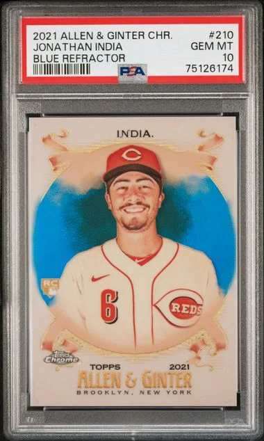 2021 Topps Allen & Ginter Jonathan India Chrome Blue Refractor #210 card image