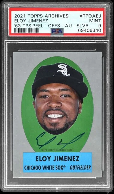 2021 Topps Archives Eloy Jimenez 1963 Topps Peel-Offs Autograph-Silver #TPOAEJ card image