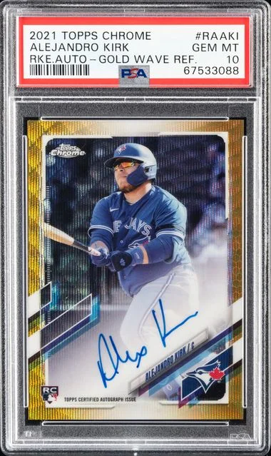 2021 Topps Chrome Alejandro Kirk Autographs Gold Wave Refractor #RAAKI card image