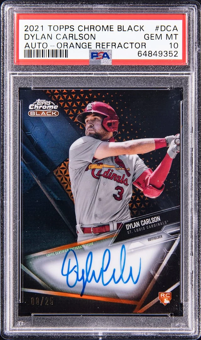 2021 Topps Chrome Black Dylan Carlson Autograph Orange Refractor #CBA-DCA card image