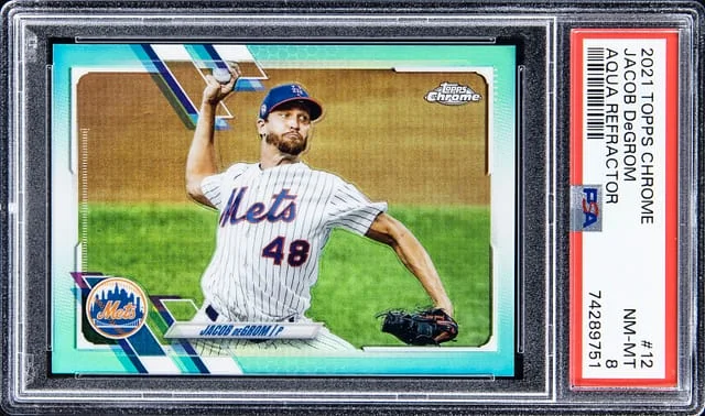 2021 Topps Chrome Jacob DeGrom Aqua Refractor #12 card image