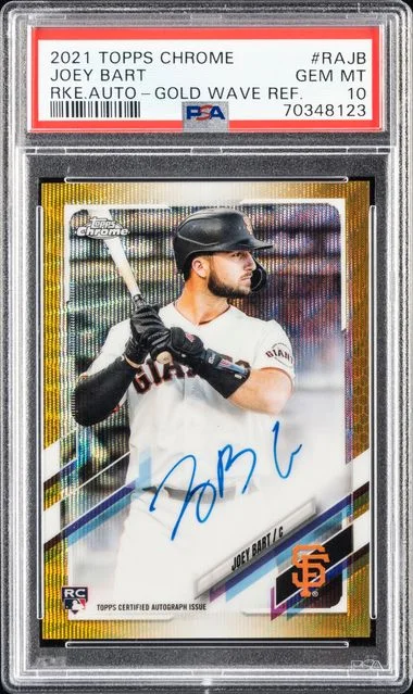 2021 Topps Chrome Joey Bart Autographs Gold Wave Refractor #RAJB card image