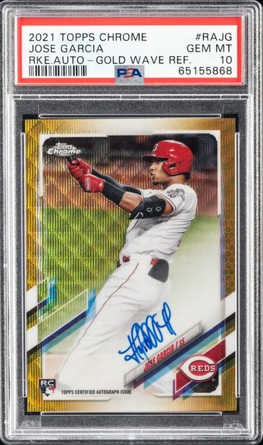 2021 Topps Chrome Jose Garcia Autographs Gold Wave Refractor #RAJG card image