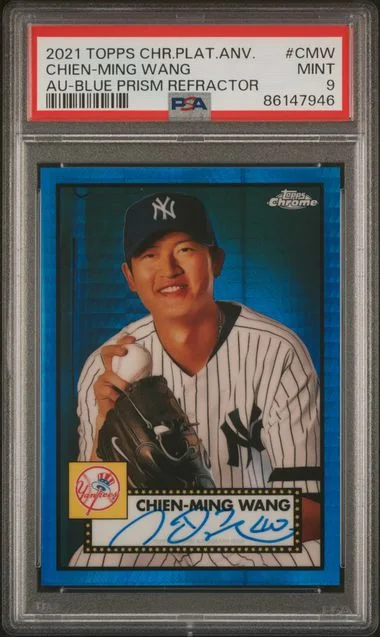 2021 Topps Chrome Platinum Anniversary Chien-Ming Wang Autographs Blue Prism Refractor #CMW card image