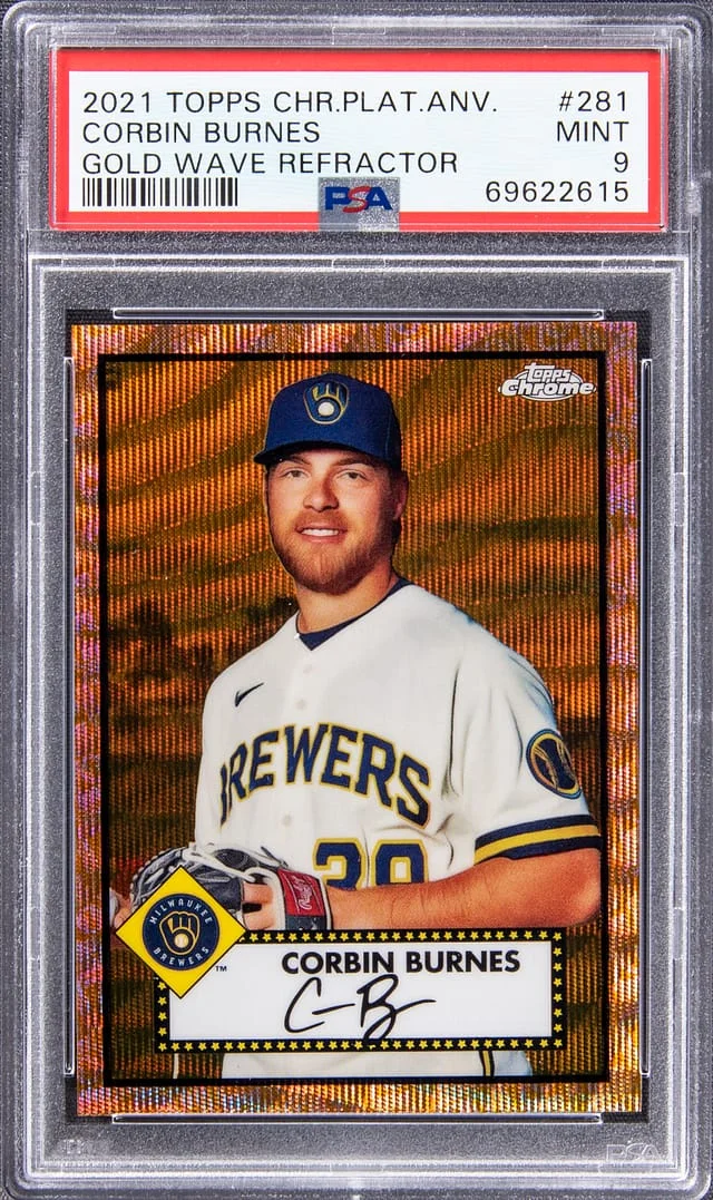 2021 Topps Chrome Platinum Anniversary Corbin Burnes Gold Wave Refractor #281 card image