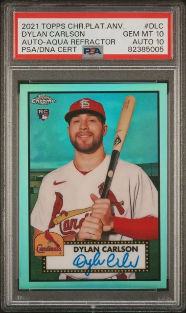 2021 Topps Chrome Platinum Anniversary Dylan Carlson Autographs Aqua Refractor #PA-DLC card image