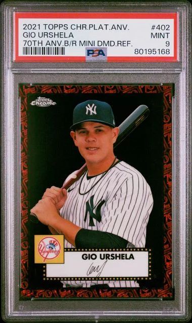 2021 Topps Chrome Platinum Anniversary Gio Urshela 70Th Anniversary Black/Red Mini Diamond Refractor #402 card image