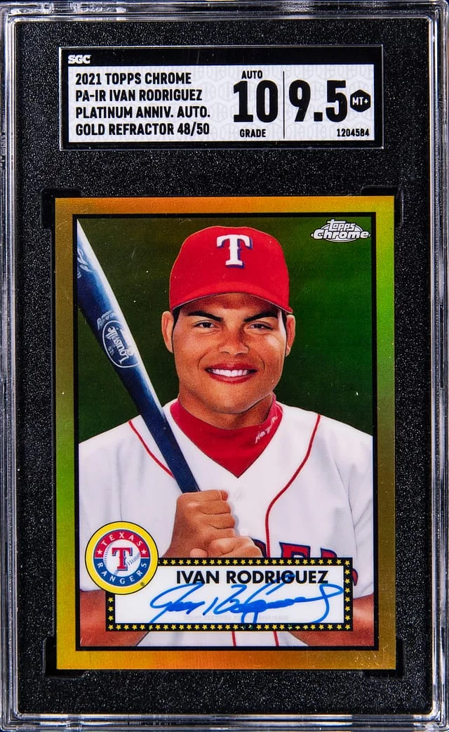 2021 Topps Chrome Platinum Anniversary Ivan rodriguez Gold Refractor #PA-IR card image