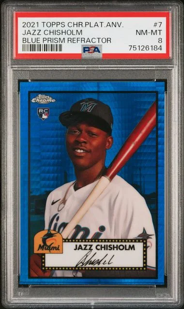 2021 Topps Chrome Platinum Anniversary Jazz Chisholm Blue Prism Refractor #7 card image