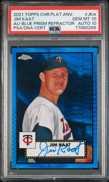 2021 Topps Chrome Platinum Anniversary Jim Kaat Autographs Blue Prism Refractor #PA-JKA card image