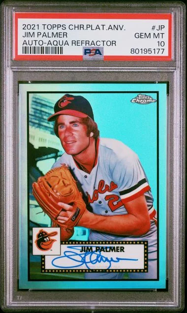 2021 Topps Chrome Platinum Anniversary Jim Palmer Autographs Aqua Refractor #JP card image