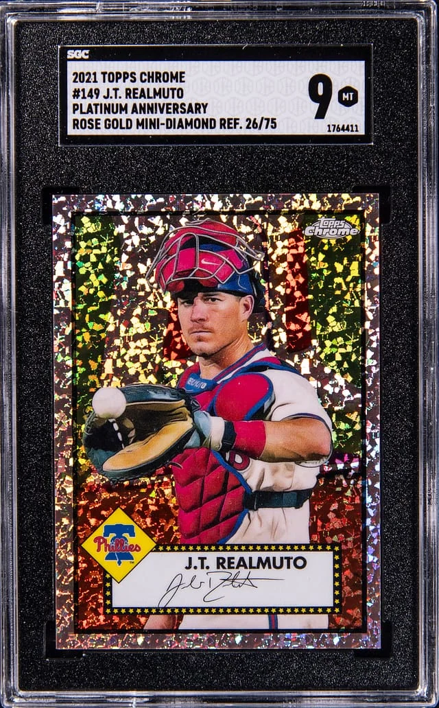 2021 Topps Chrome Platinum Anniversary J.T. Realmuto Rose Gold Mini-Diamond Refractor #149 card image