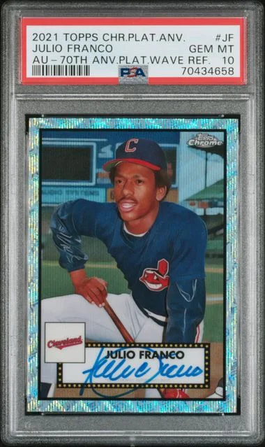 2021 Topps Chrome Platinum Anniversary Julio Franco Autographs 70th Anniversary Platinum Wave Refractor #JF card image