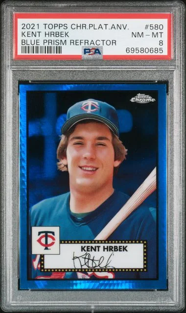 2021 Topps Chrome Platinum Anniversary Kent Hrbek Blue Prism Refractor #580 card image