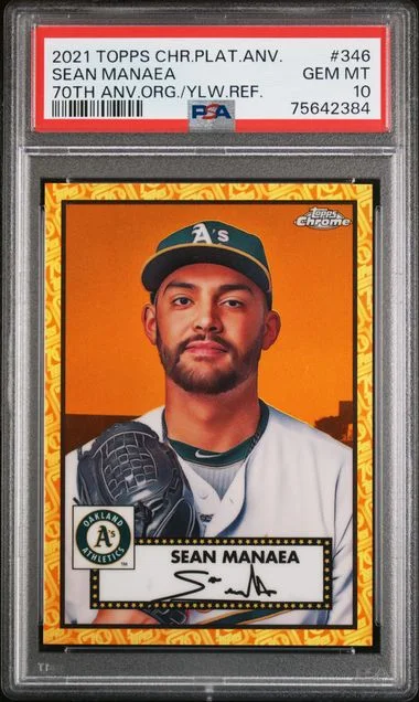 2021 Topps Chrome Platinum Anniversary Sean Manaea 70th Anniversary Orange/Yellow Refractor #346 card image