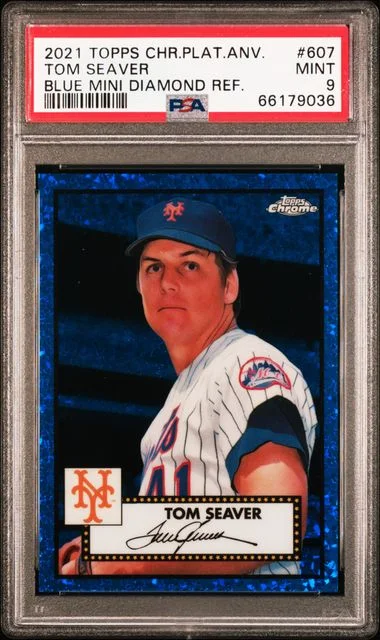 2021 Topps Chrome Platinum Anniversary Tom Seaver Blue Mini Diamond Refractor #607 card image