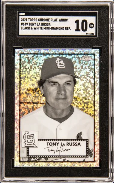 2021 Topps Chrome Platinum Anniversary Tony La Russa Black and White Mini-Diamond Refractor #649 card image