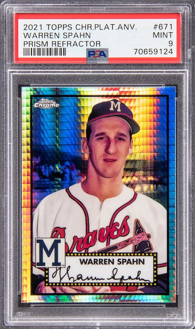 2021 Topps Chrome Platinum Anniversary Warren Spahn Prism Refractor #671 card image