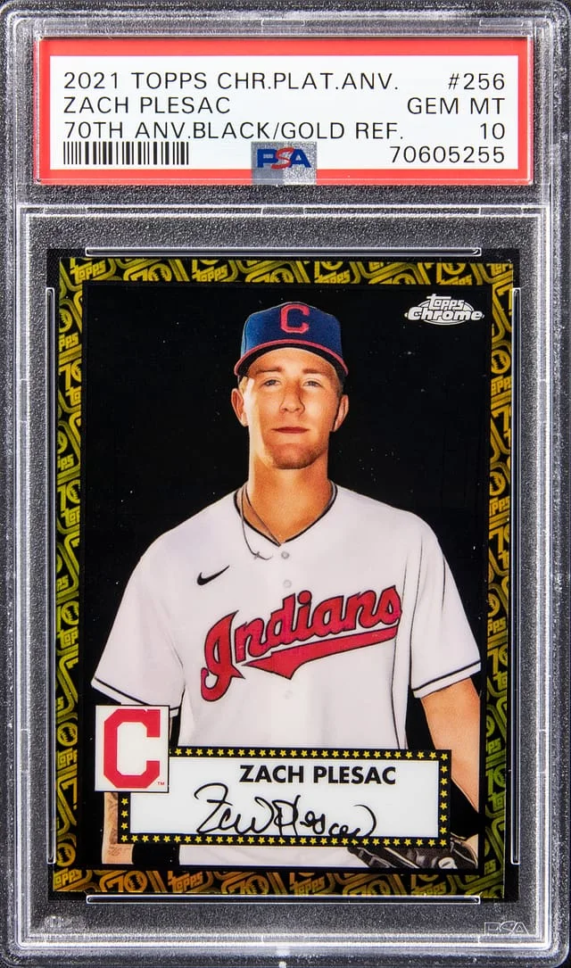 2021 Topps Chrome Platinum Anniversary Zach Plesac 70th Anniversary Black/Gold Refractor #256 card image
