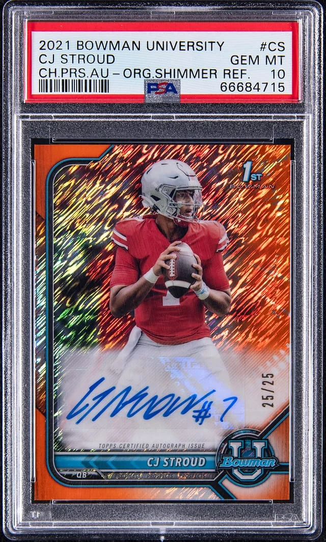 2021 Topps CJ Stroud Bowman University Chrome Prospects Autographs Orange Shimmer Refractor #BCPA-CS card image