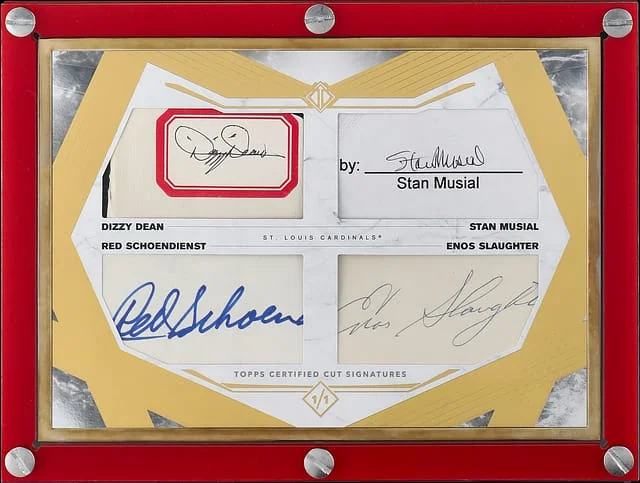 2021 Topps Dizzy Dean/Stan Musial/Red Schoendienst/Enos Slaughter Multi-Signed Transcendent Collection Hall of Fame Edition Hall of Fame Teammates Cut Signature #HOFT-DMSS card image