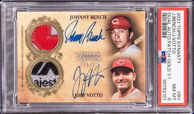 2021 Topps Dynasty Johnny Bench/Joey Votto Dual Autographed Patch Gold #BV card image