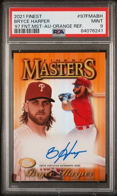2021 Topps Finest Bryce Harper 1997 Finest Masters Autograph Orange Refractor #97FMA-BH card image