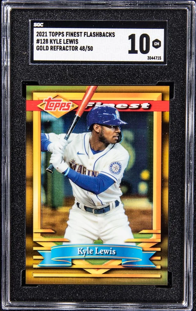 2021 Topps Finest Kyle Lewis Flashbacks Gold Refractor #128 card image