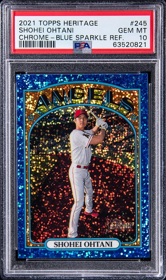 2021 Topps Heritage Chrome Shohei Ohtani Blue Sparkle Refractor #245 card image