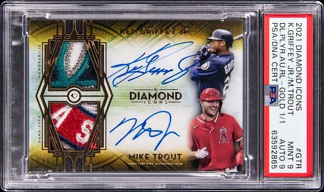 2021 Topps Ken Griffey Jr./Mike Trout Diamond Icons Dual Player Autograph Relic Gold #DPDA-GTR card image