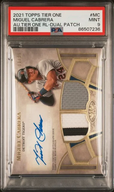 2021 Topps Miguel Cabrera Tier One Autograph Tier One Relics Dual Patch #MC card image