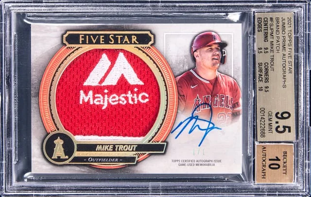 2021 Topps Mike Trout Five Star Jumbo Prime Autographs Brand Patch #FSJP-MT card image