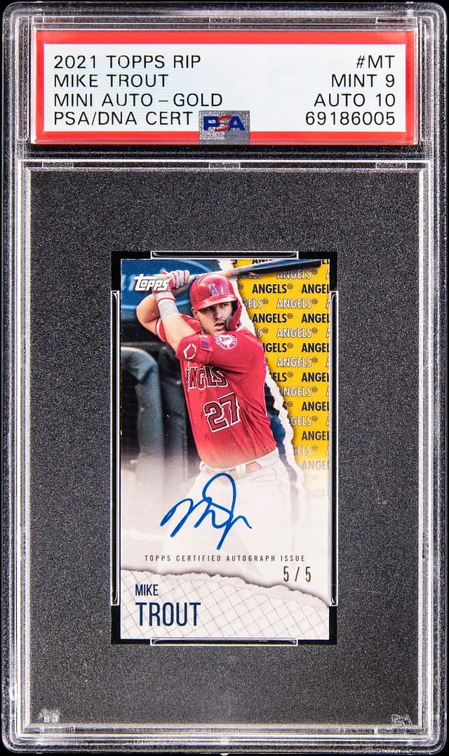 2021 Topps Mike Trout Rip Mini Autographs Gold #RIPAU-MT card image