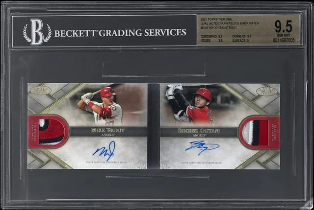 2021 Topps Mike Trout/Shohei Ohtani Tier One Dual Autographs Relics Book Patch #DAR-TOH card image