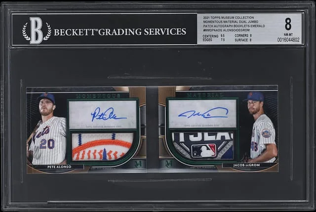 2021 Topps Museum Collection Pete Alonso/Jacob DeGrom Momentous Material Dual Jumbo Patch Autograph Booklets Emerald #MMDPA-ADG card image
