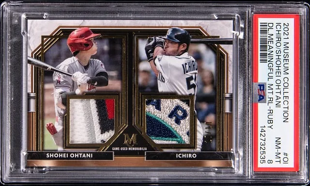 2021 Topps Museum Collection Shohei Ohtani/Ichiro Game-Used Dual Meaningful Material Relics Ruby #DMR-I card image
