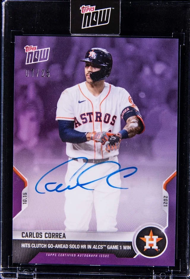 2021 Topps Now Carlos Correa (Hits Clutch Go-Ahead Solo HR in ALCS Game 1 Win) Autograph Purple #974C card image