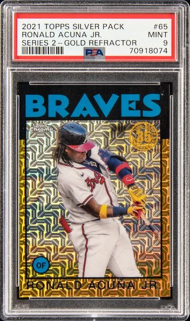 2021 Topps Ronald Acuna Jr. Silver Pack 1986 Chrome Promo Series 2-Gold Refractor #65 card image