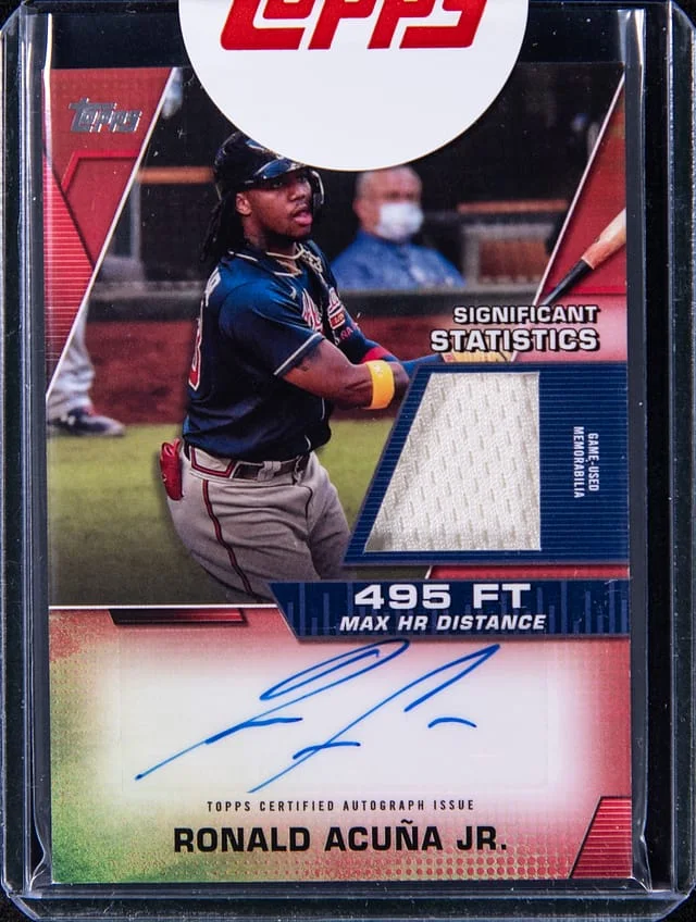 2021 Topps Ronald Acuna Jr. Series Two Significant Statistics Autograph Relic Red #SSAR-RA card image