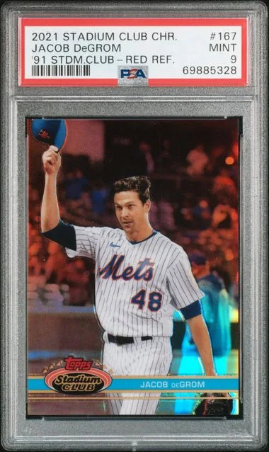 2021 Topps Stadium Club Chrome Jacob deGrom 1991 Stadium Club Red Refractor #167 card image