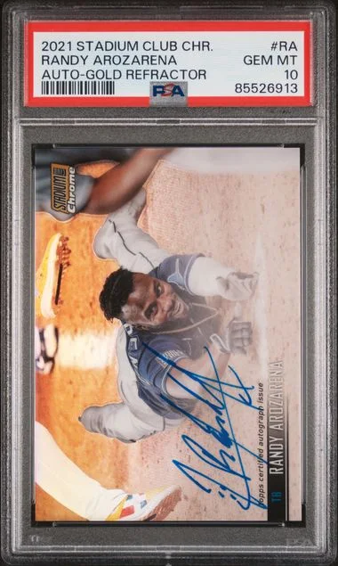 2021 Topps Stadium Club Chrome Randy Arozarena Base Autographs Gold Refractor #SCBA-RA card image