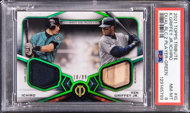 2021 Topps Tribute Ken Griffey Jr, Ichiro Relic Cartd Dual Relic 2 Player Green #DR2-IG card image