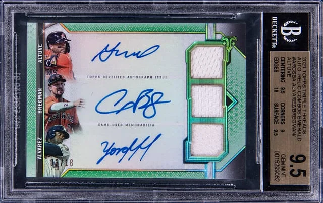 2021 Topps Triple Threads Jose Altuve/Alex Bregman/Yordan Alvarez Triple-Signed Autograph Relic Combos Emerald #ARCSBA card image