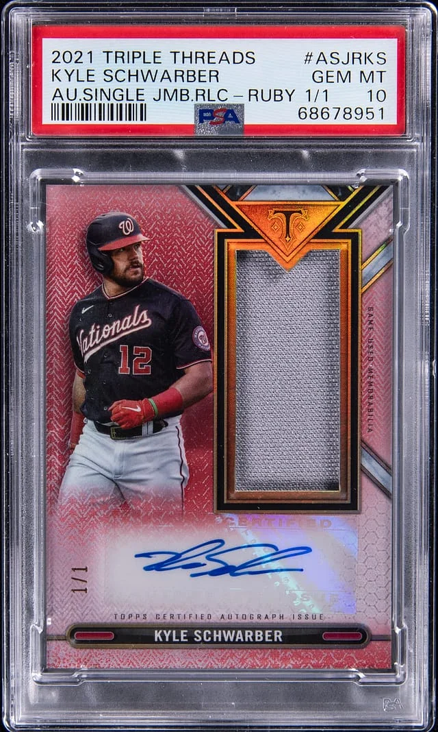 2021 Topps Triple Threads Kyle Schwarber Autograph Single Jumbo Relic Ruby #ASJRKS card image