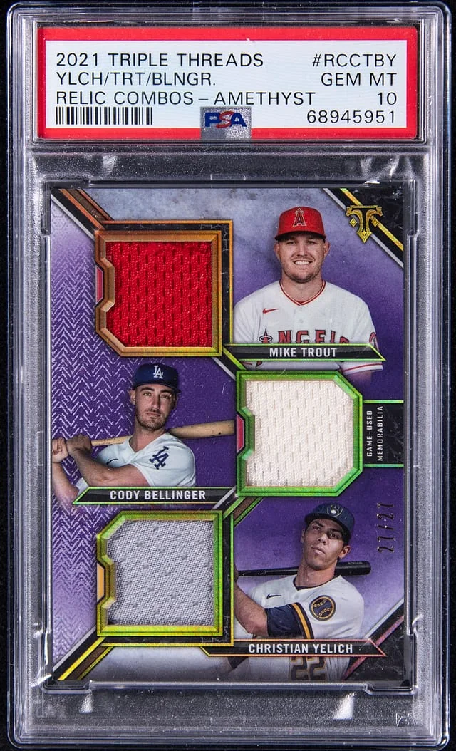 2021 Topps Triple Threads Mike Trout/Cody Bellinger/Christian Yelich Relic Combos Amethyst #RCCTBY card image