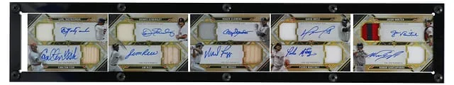 2021 Topps Triple Threads Red Sox Yastrzemski, Fisk, Martinez, Ortiz, Rice, Eckersley, Boggs, Clemens, Varitek, Garciaparra Multi-Signed Game-Used Deca Threads Autograph Relic Combo #DARCB-6 card image