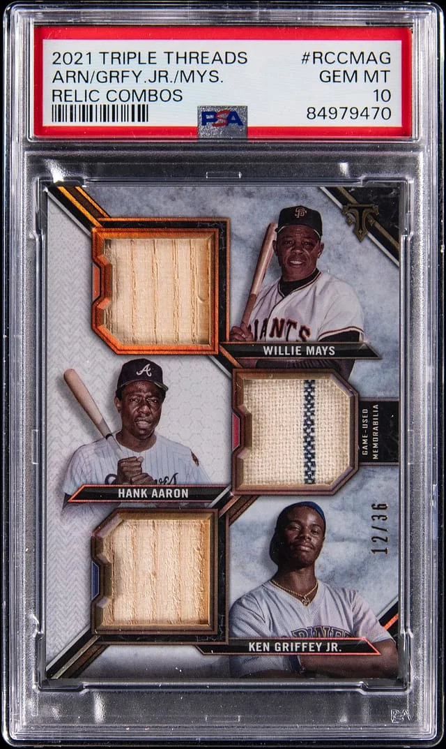 2021 Topps Triple Threads Willie Mays / Hank Aaron / Ken Griffey Jr. Relic Combos #RCC-MAG card image